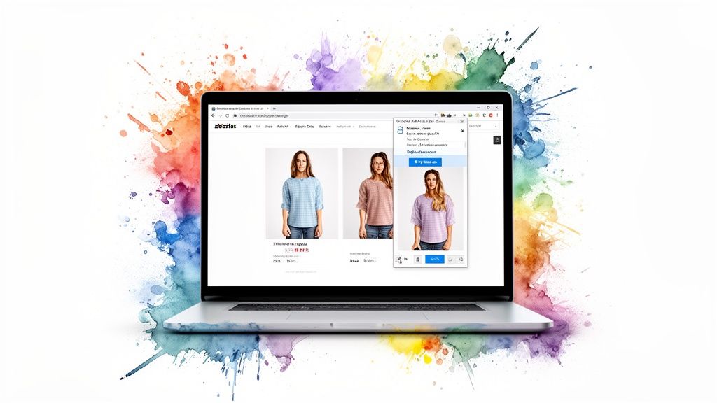 Laptop displaying an apparel e-commerce site with models in checkered shirts, on a vibrant watercolor background.