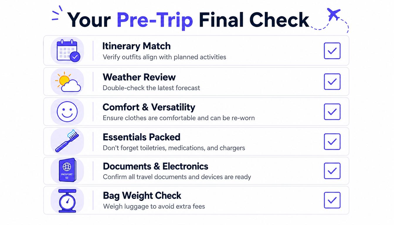 A travel checklist titled Pre-Trip Final Check with six categories for preparing clothing, gear, and travel documents.