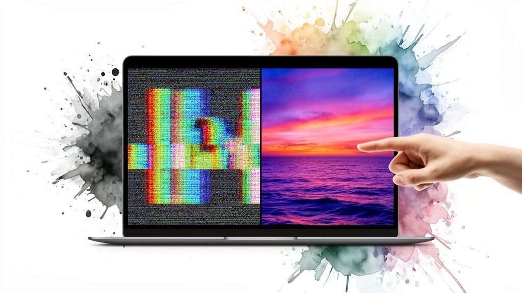A hand points to a laptop screen showing a colorful ocean sunset next to static with watercolor splashes.
