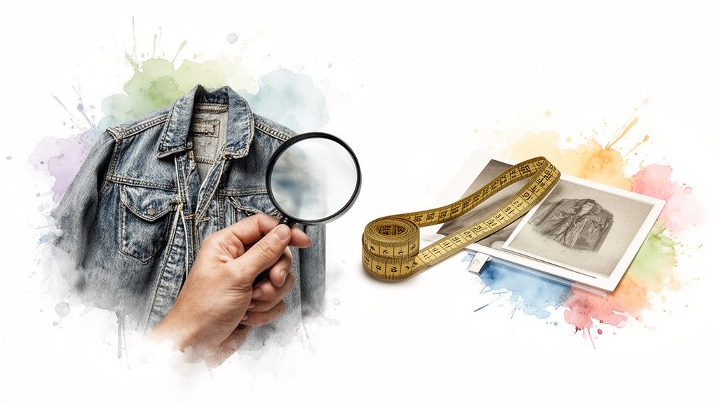 A hand inspects a denim jacket with a magnifying glass, next to a measuring tape and clothing sketches, on a watercolor background.
