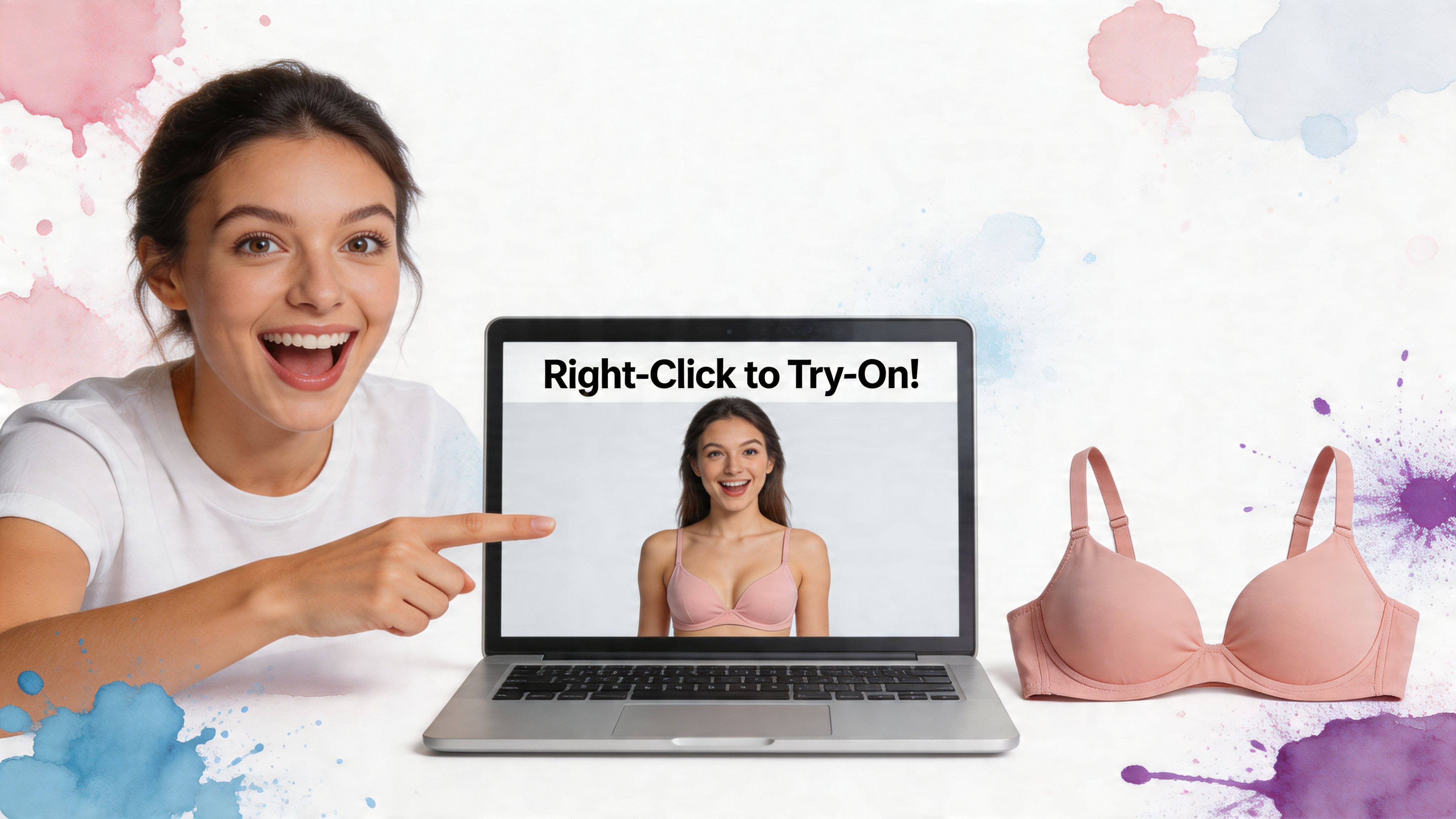 A smiling woman pointing at a laptop screen displaying a virtual bra fitting tool next to a bra.