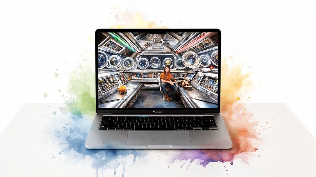 MacBook laptop displaying a person in a retro-futuristic spaceship control room, surrounded by watercolor splashes.
