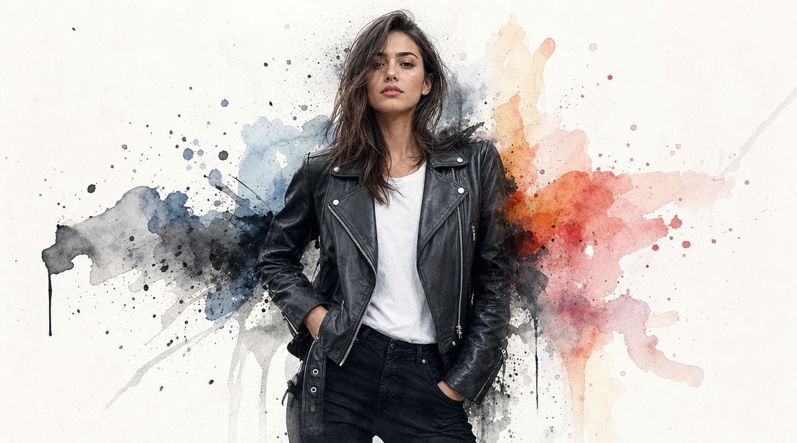 A stylish young woman wearing a black leather jacket and white t-shirt against a watercolor background.