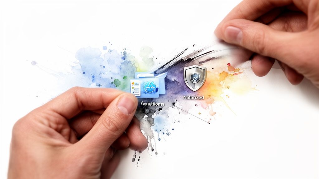 Hands interact with digital folder and notarized icons over colorful watercolor splashes on a white surface.