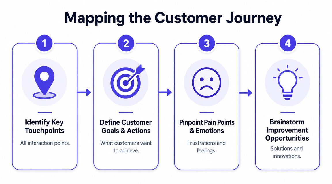 A four-step infographic illustrating the process of mapping the customer journey for business strategy and improvement.