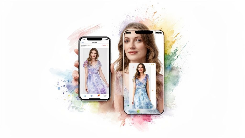 Two smartphones showcase a woman modeling stylish dresses within a clothing app interface, against a colorful watercolor backdrop.