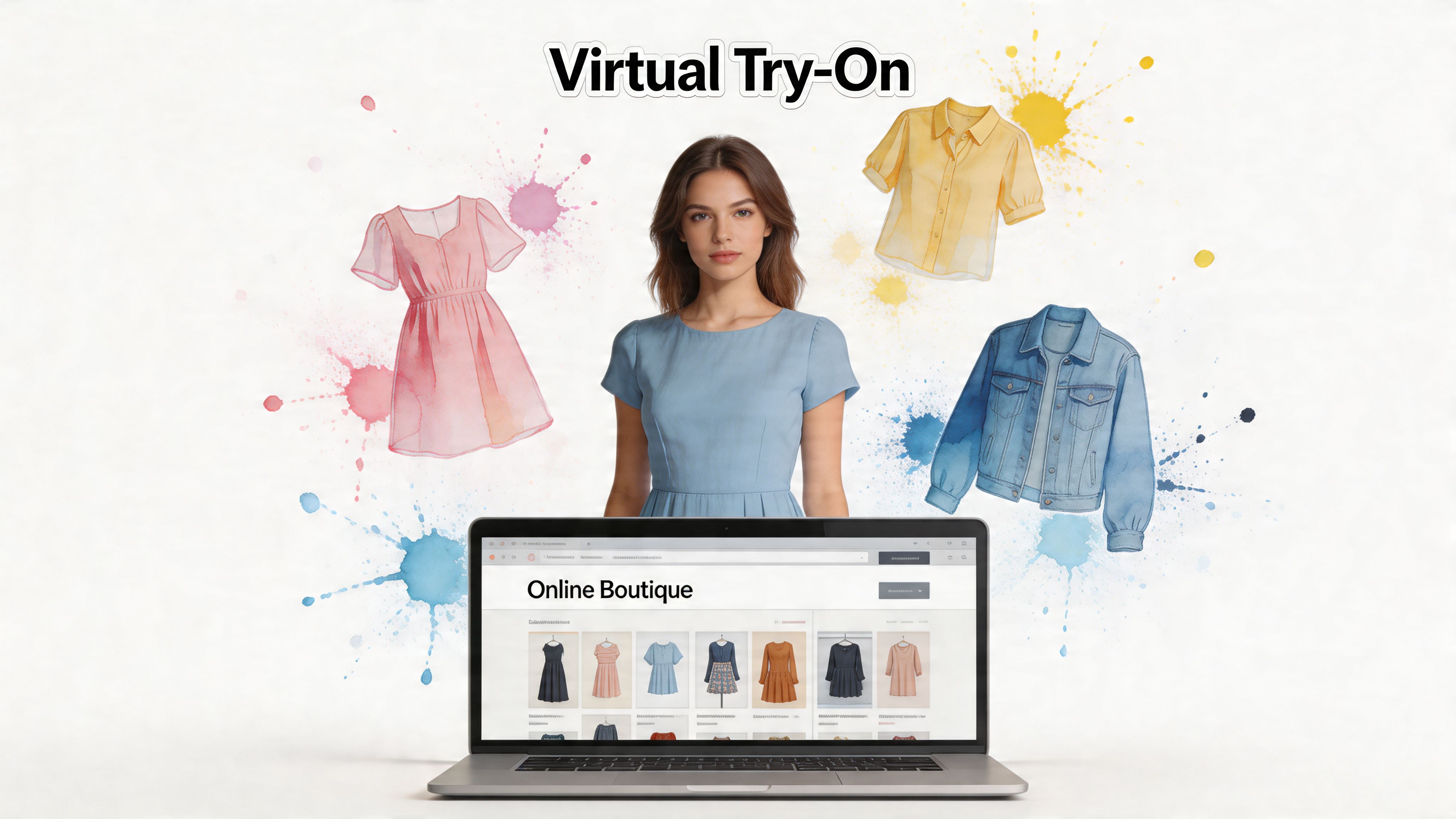 A woman stands behind a laptop displaying an online boutique store, surrounded by floating virtual clothing items.
