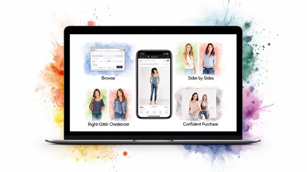 A laptop shows a personal shopper online experience, including mobile view, side-by-side comparisons, and confident purchasing options.