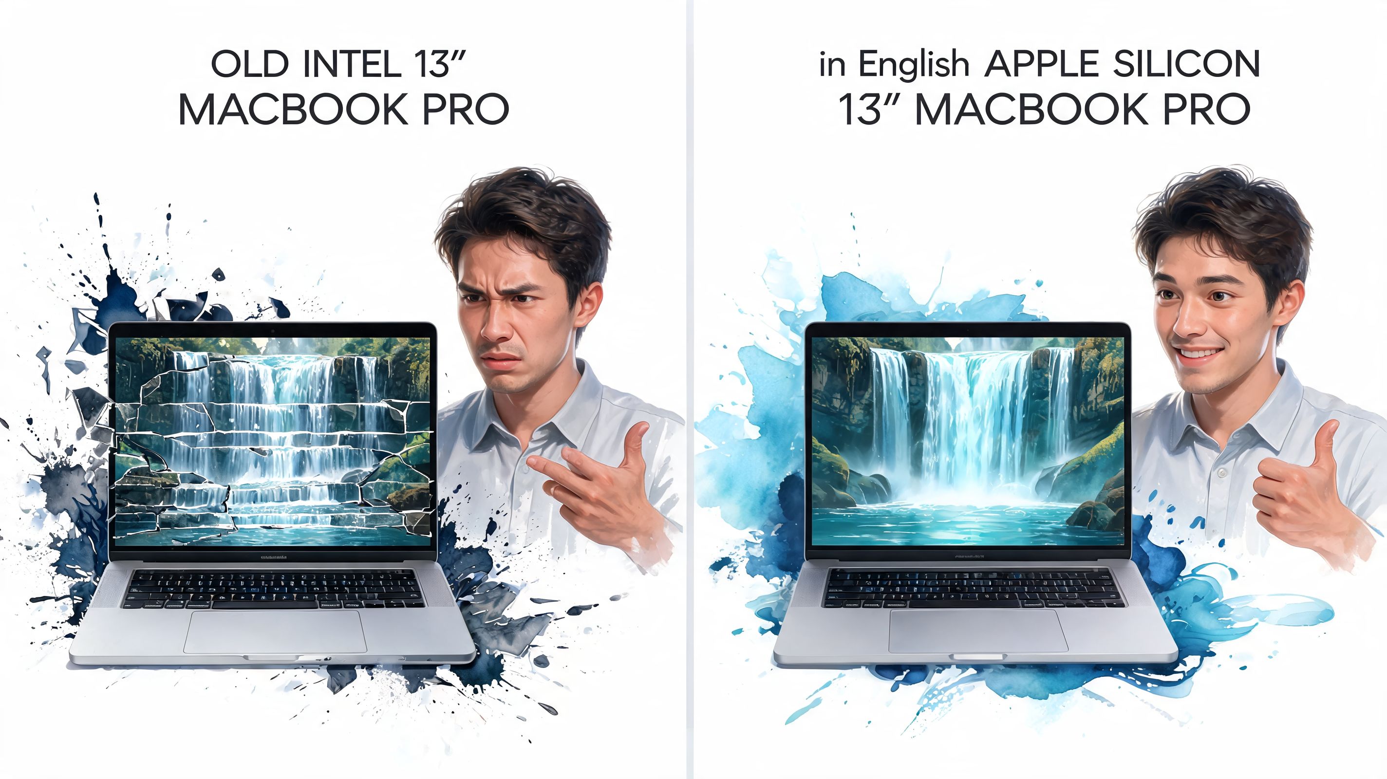 Comparison of a frustrated user with an old Intel MacBook Pro versus a happy user with Apple Silicon.