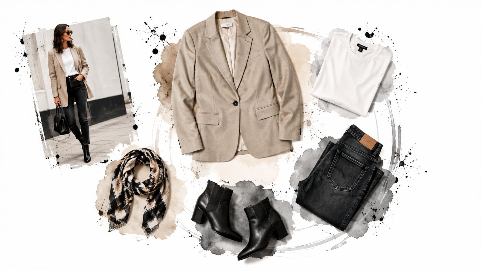 A flatlay composition featuring a beige blazer, white t-shirt, dark denim jeans, scarf, and black ankle boots.