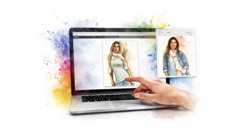 Hand interacting with a laptop displaying vibrant watercolor fashion illustrations on screen.