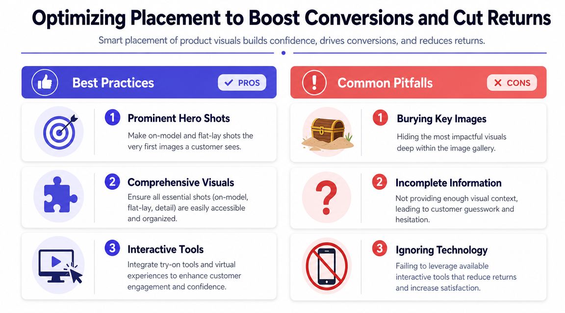 An infographic showing best practices and common pitfalls for optimizing product image placement to improve e-commerce conversions.