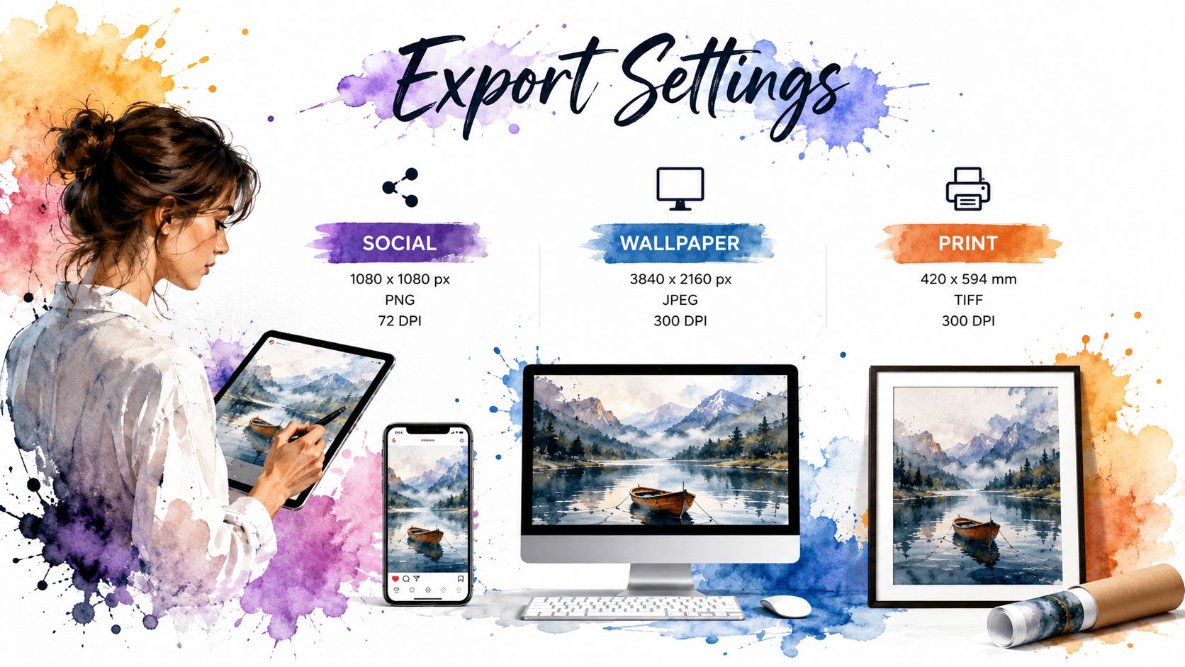 A digital artist explains export settings for social media, desktop wallpapers, and high-quality printed artwork.