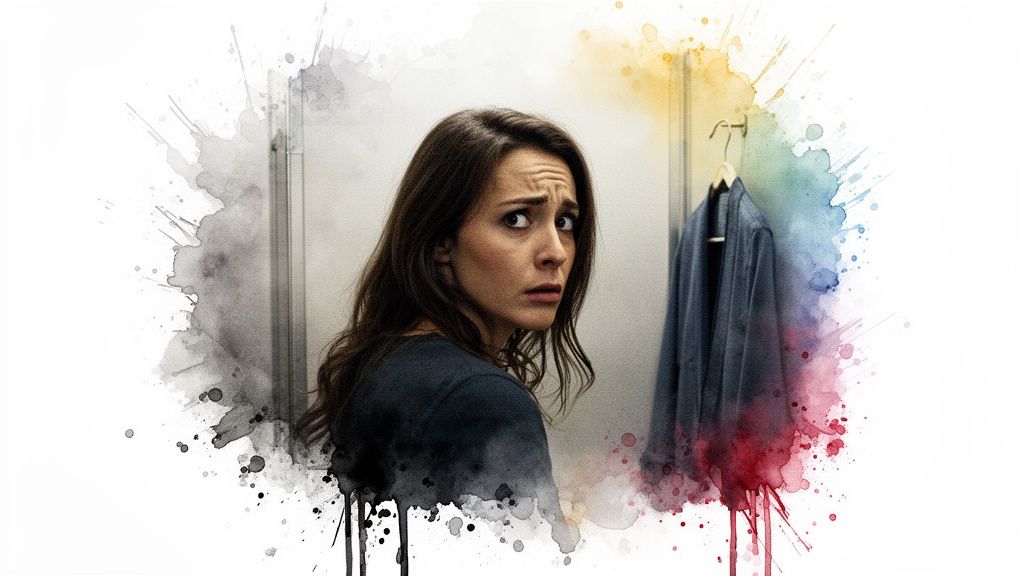 A woman looks concerned inside a dressing room with a jacket hanging on a hook behind her.