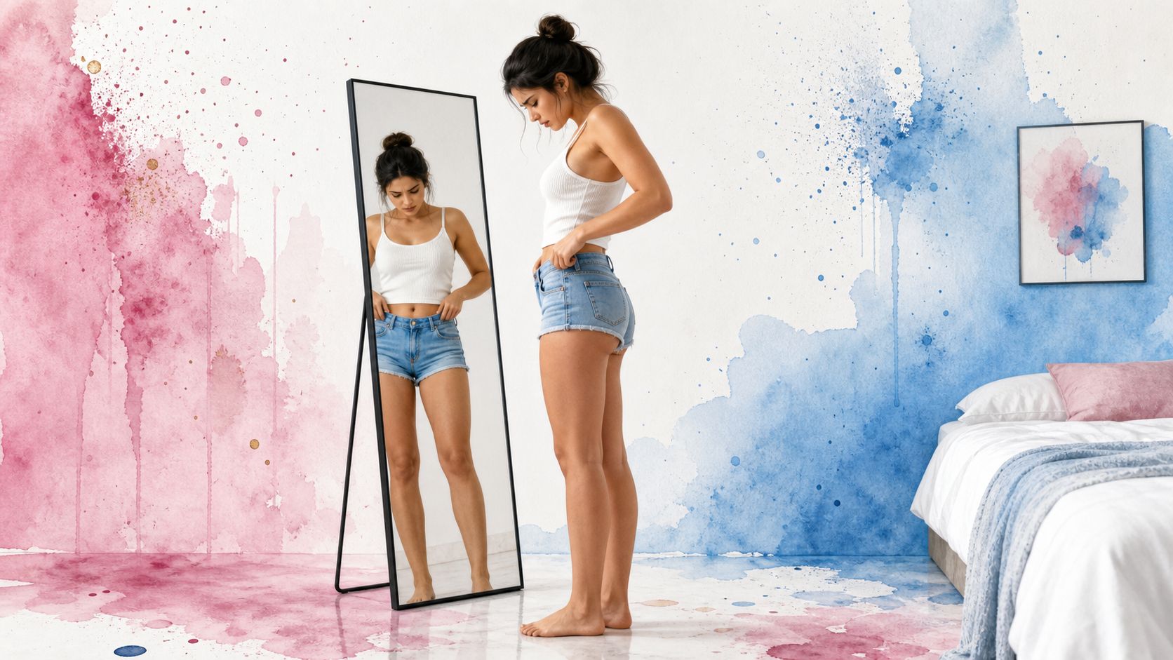 A woman looks at her reflection in a floor mirror while wearing blue denim hot pants.