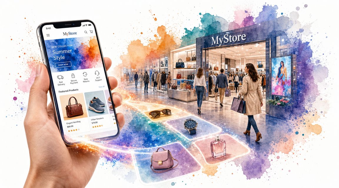 A hand holding a smartphone showing an online shopping store connected to a physical boutique retail shop.