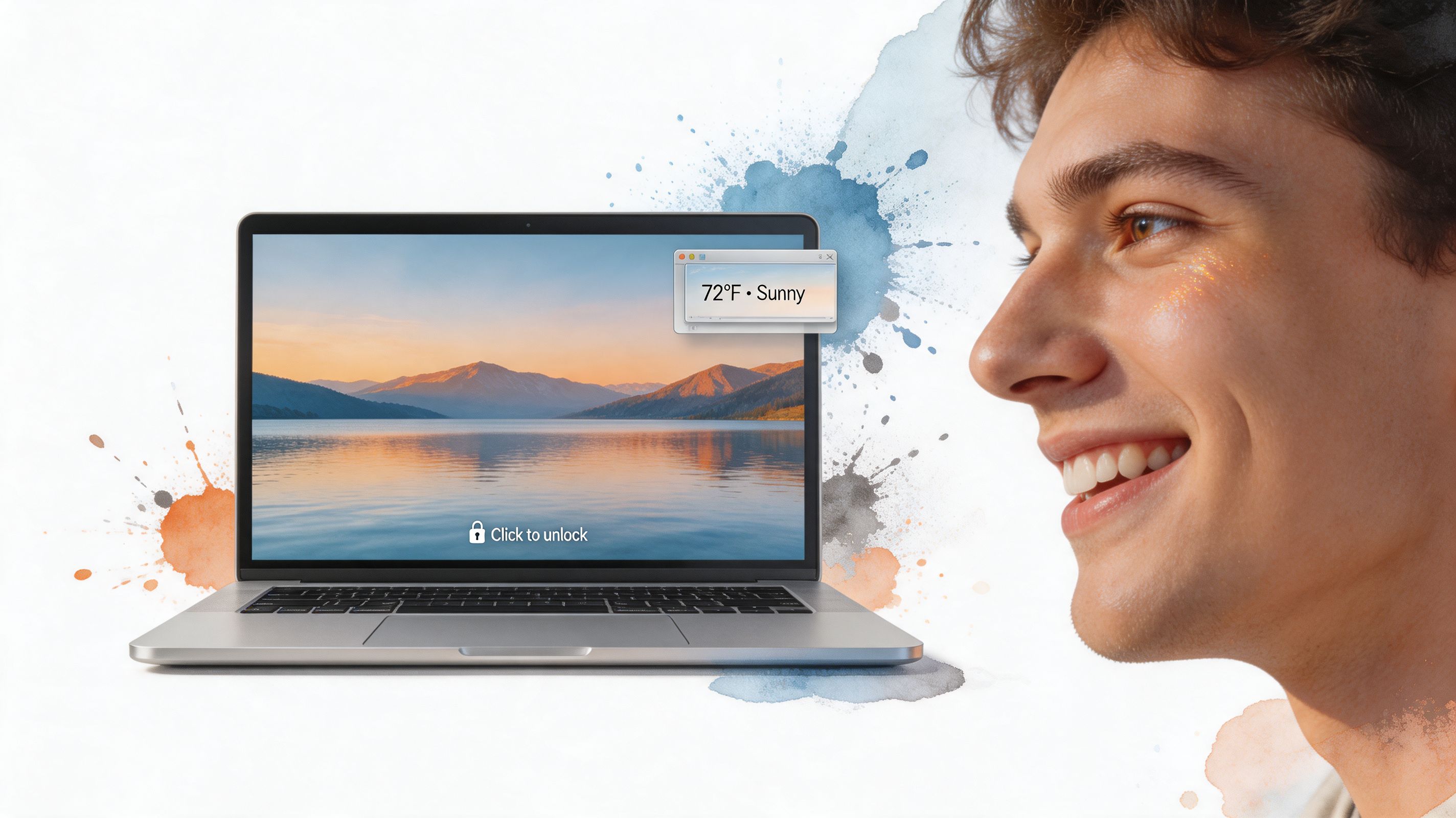 A happy young man looking at a laptop computer displaying a mountain lake wallpaper and weather.