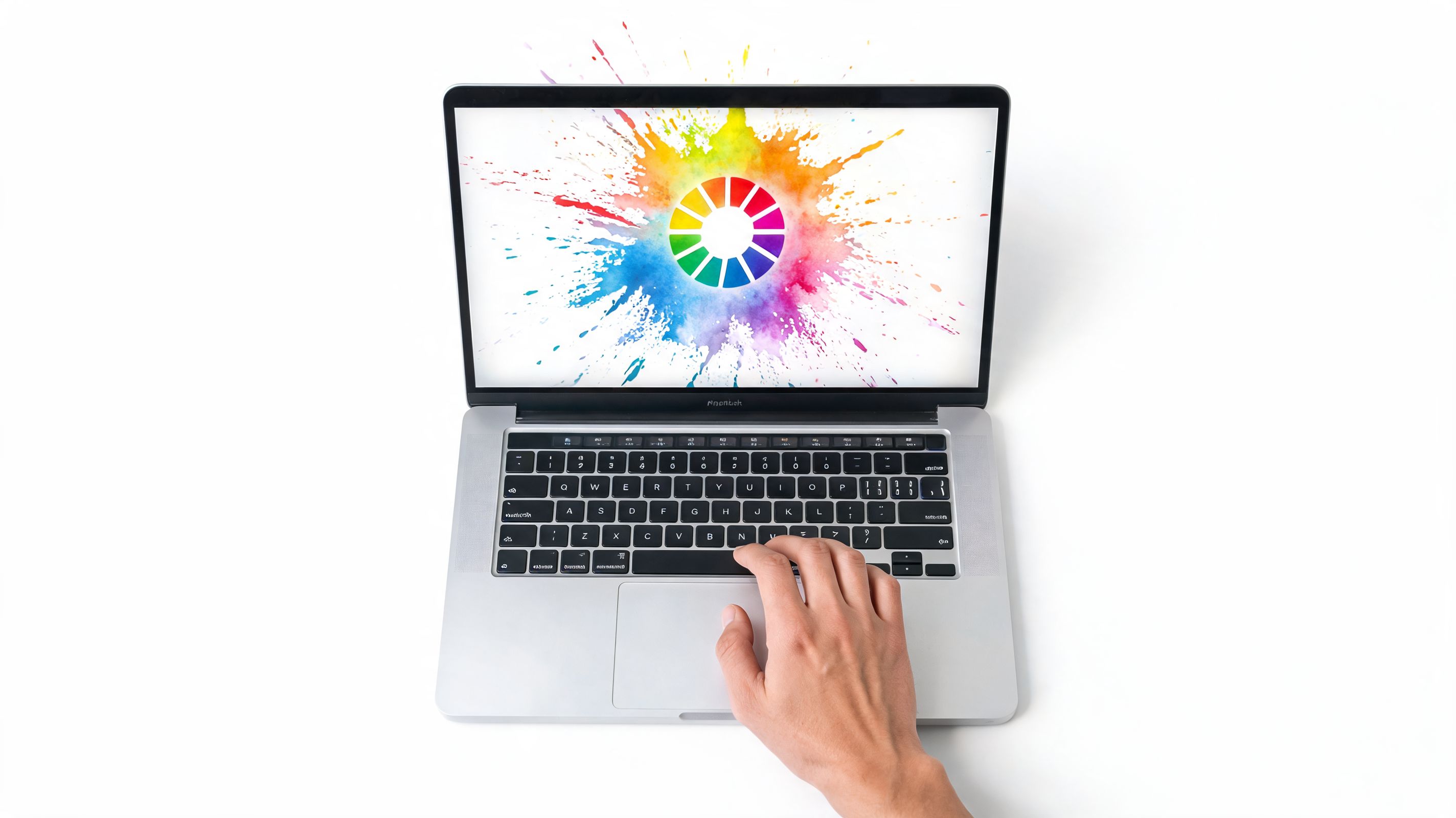 A person uses their hand to control the trackpad of a MacBook displaying a vibrant color wheel.