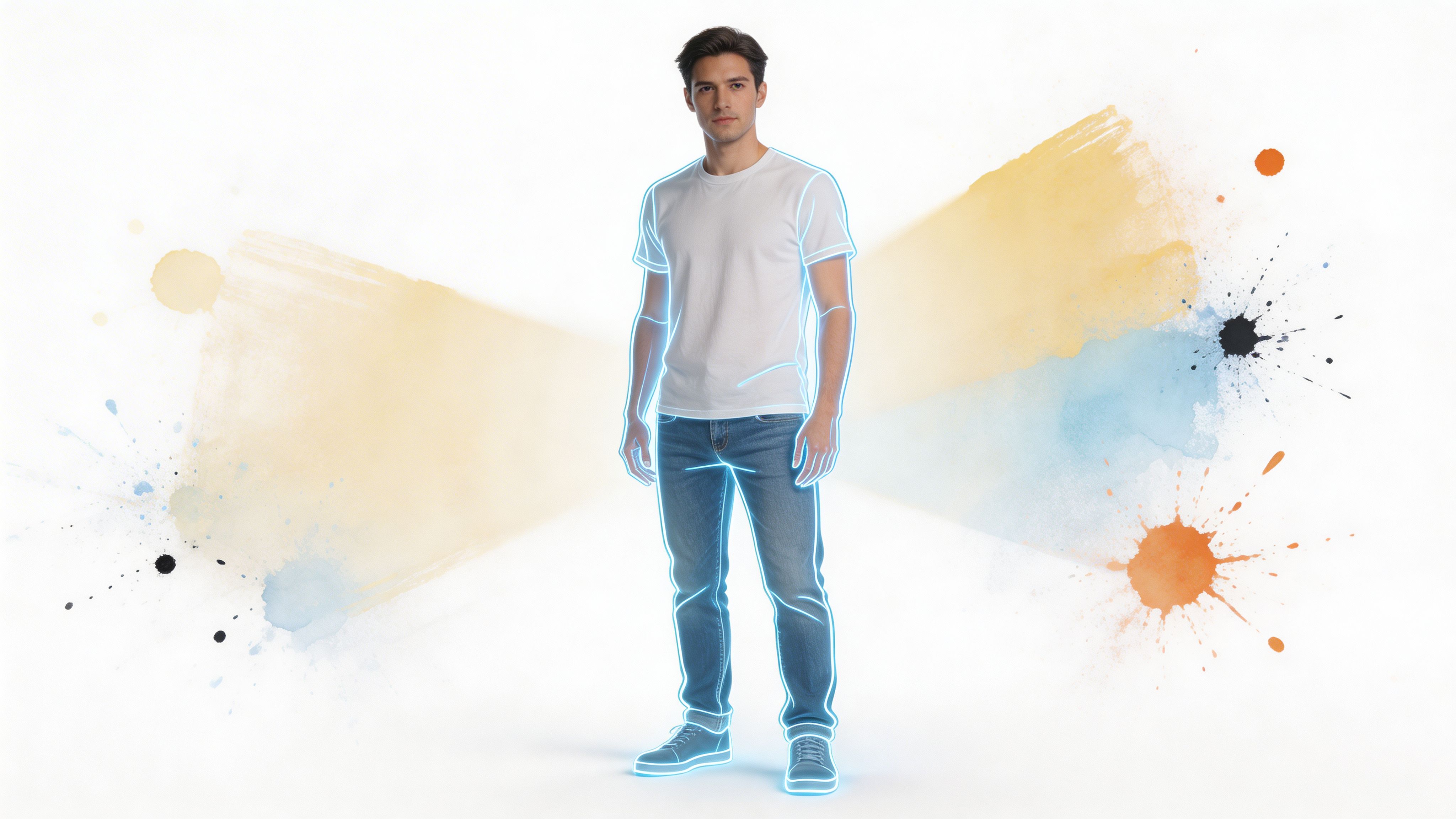 A young man standing centrally, surrounded by a glowing blue outline against abstract watercolor paint splatters.