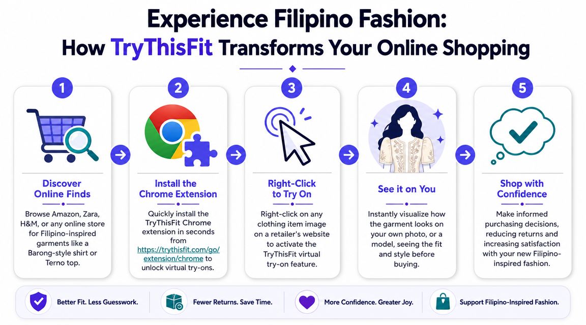 An infographic illustrating the five-step process for using the TryThisFit browser extension for virtual clothing try-ons.
