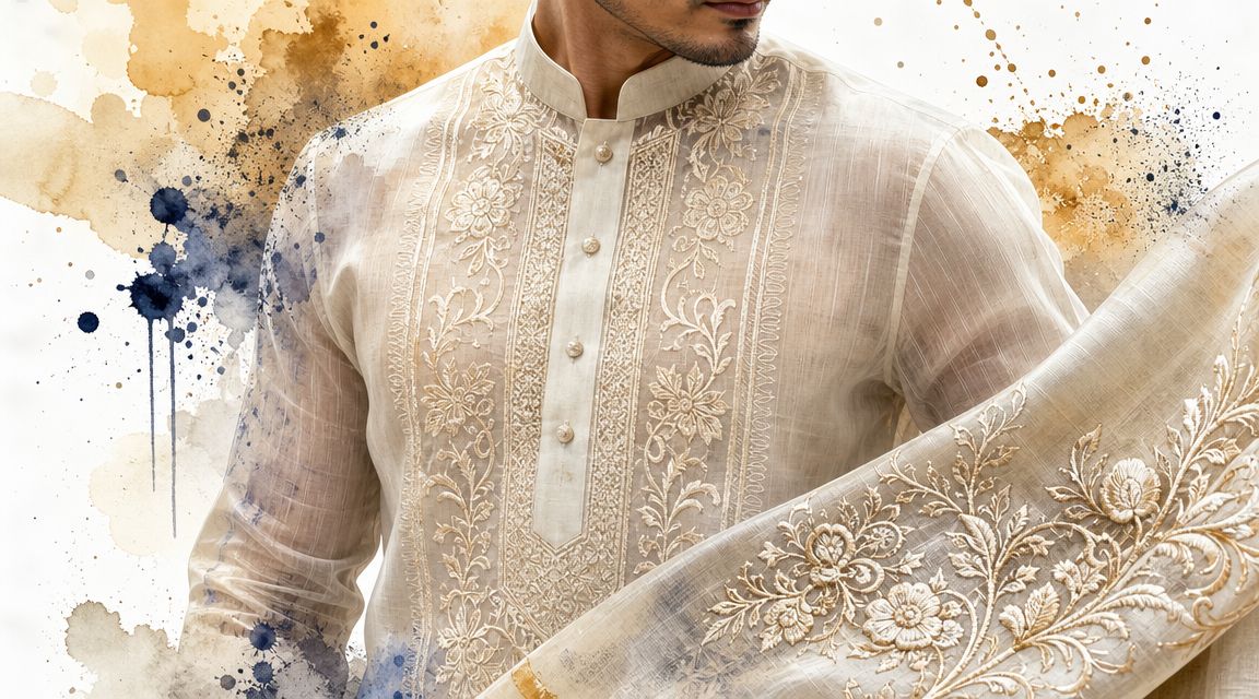 A close-up shot of a man wearing an elegant, intricately embroidered traditional beige Filipino barong tagalog.