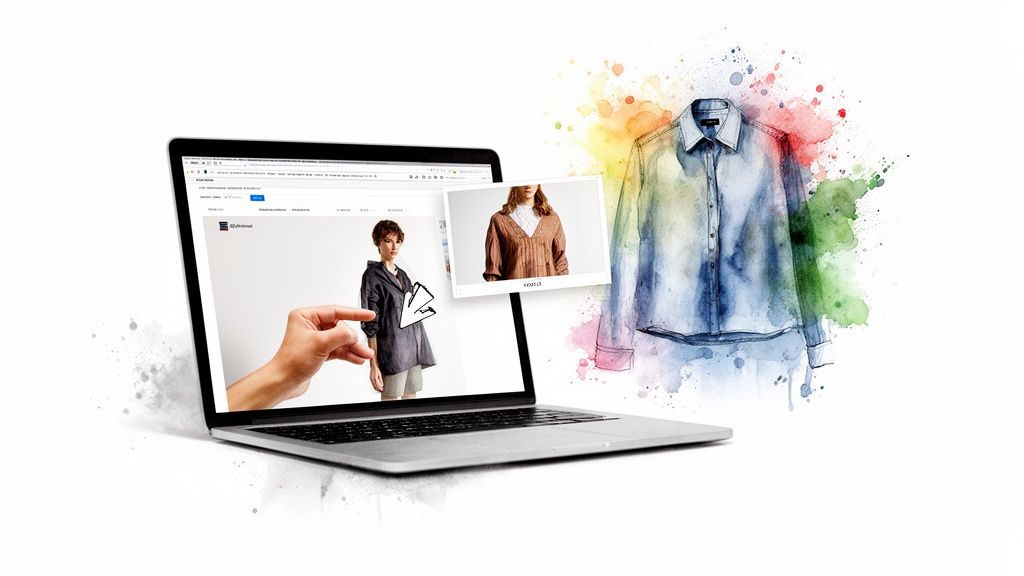 A hand interacts with a laptop displaying fashion images, alongside a colorful watercolor illustration of a denim shirt.