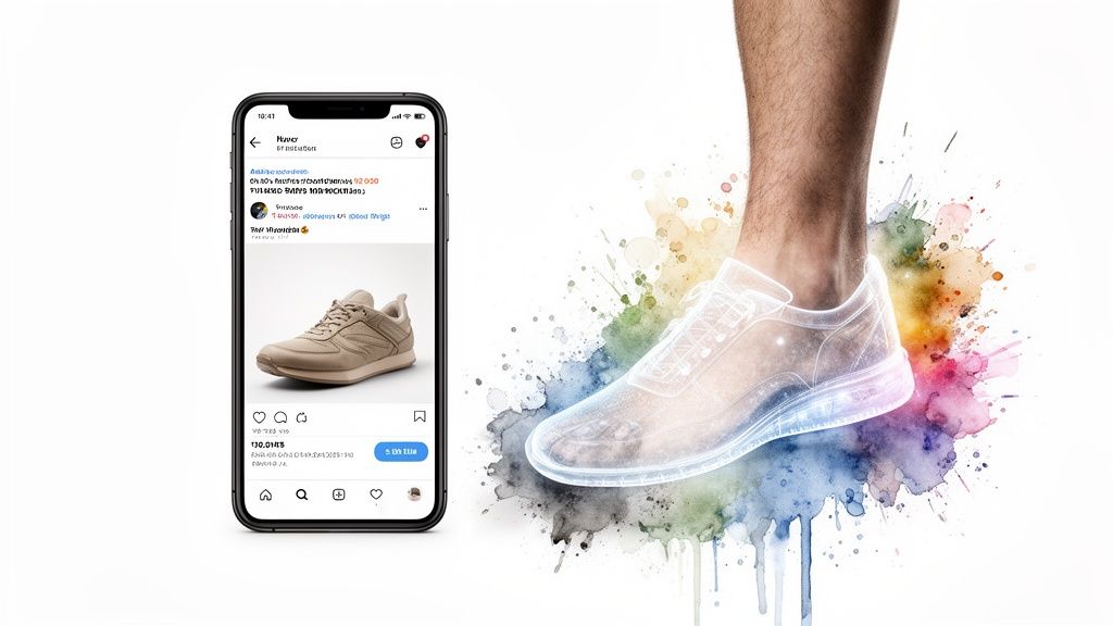 A smartphone shows sneakers next to a leg wearing a glowing augmented reality shoe on white.
