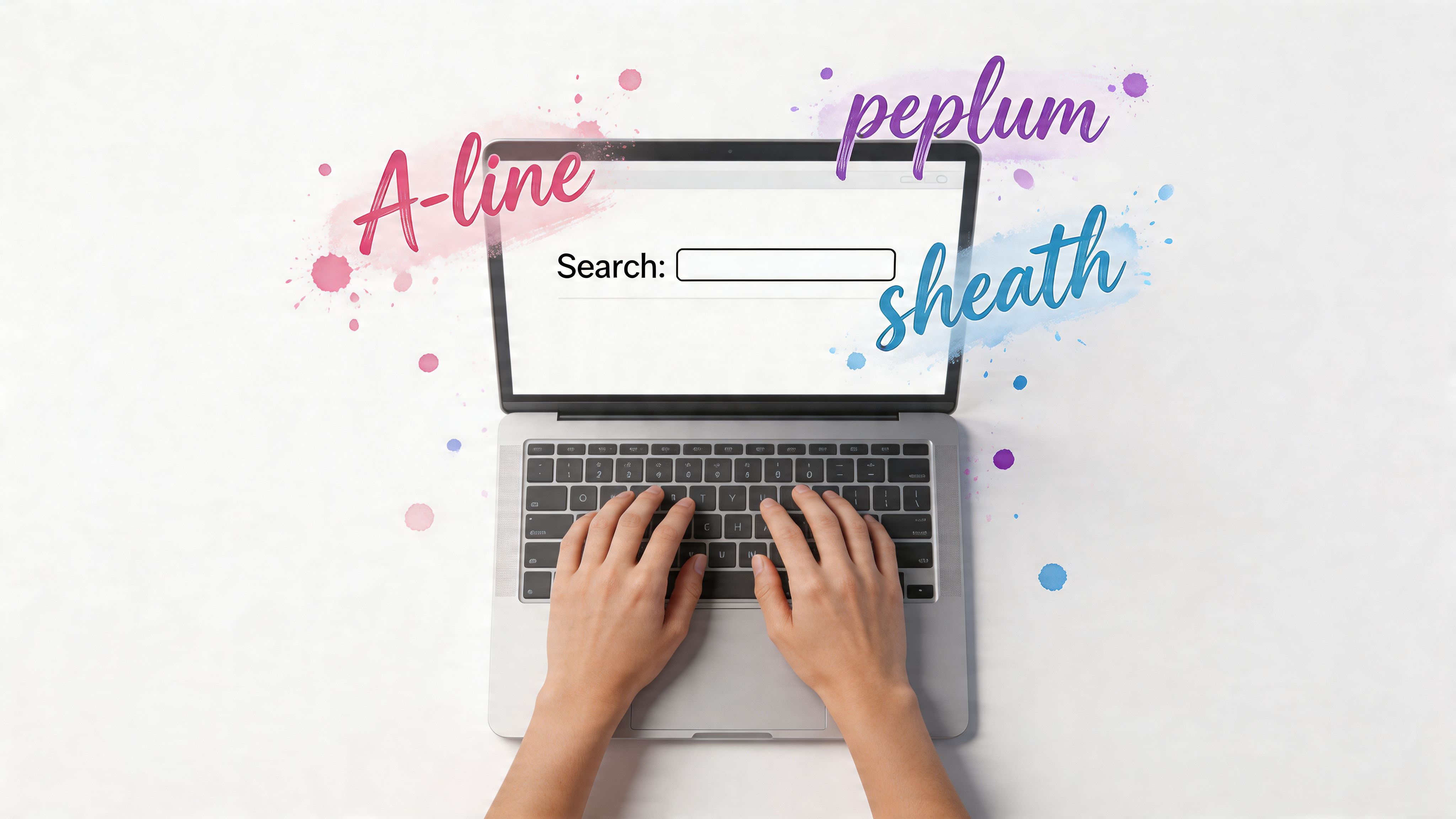 A person types on a laptop computer with watercolor style text labels for dress silhouettes floating above.