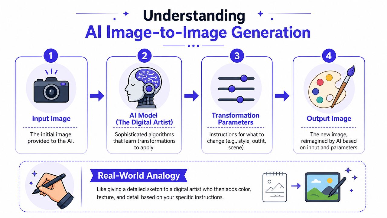 A diagram illustrating the four-step process of AI image-to-image generation with a helpful real-world artist analogy.