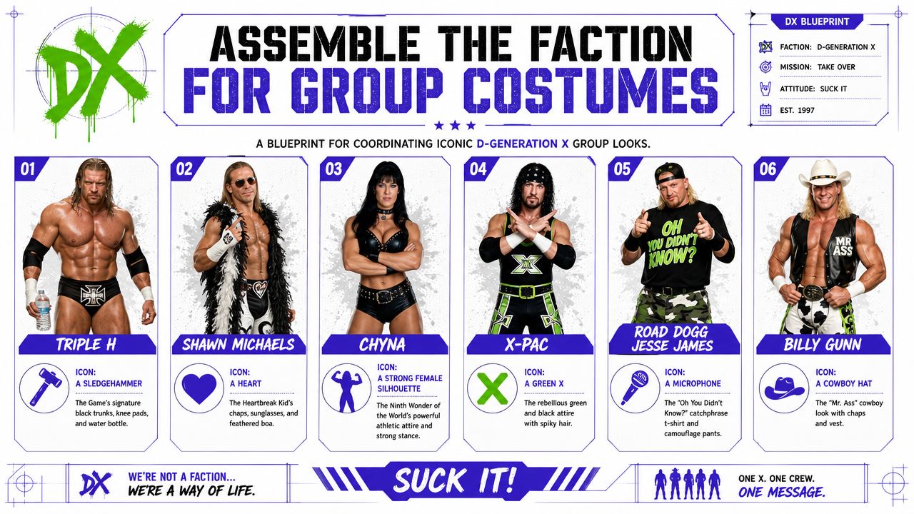 An infographic titled Assemble the Faction for Group Costumes, featuring the WWE wrestling stable D-Generation X members.
