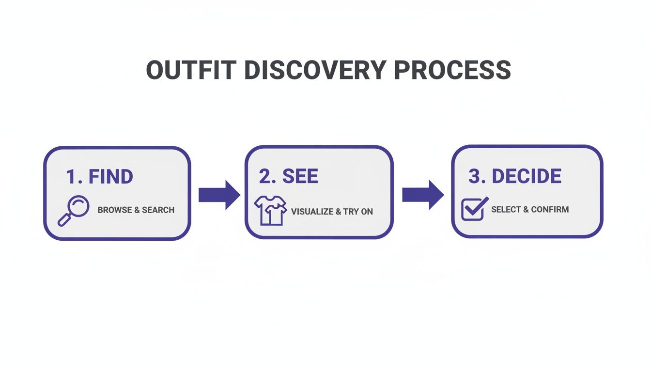 Flowchart showing the outfit discovery process with steps for finding, seeing, and deciding on clothes.