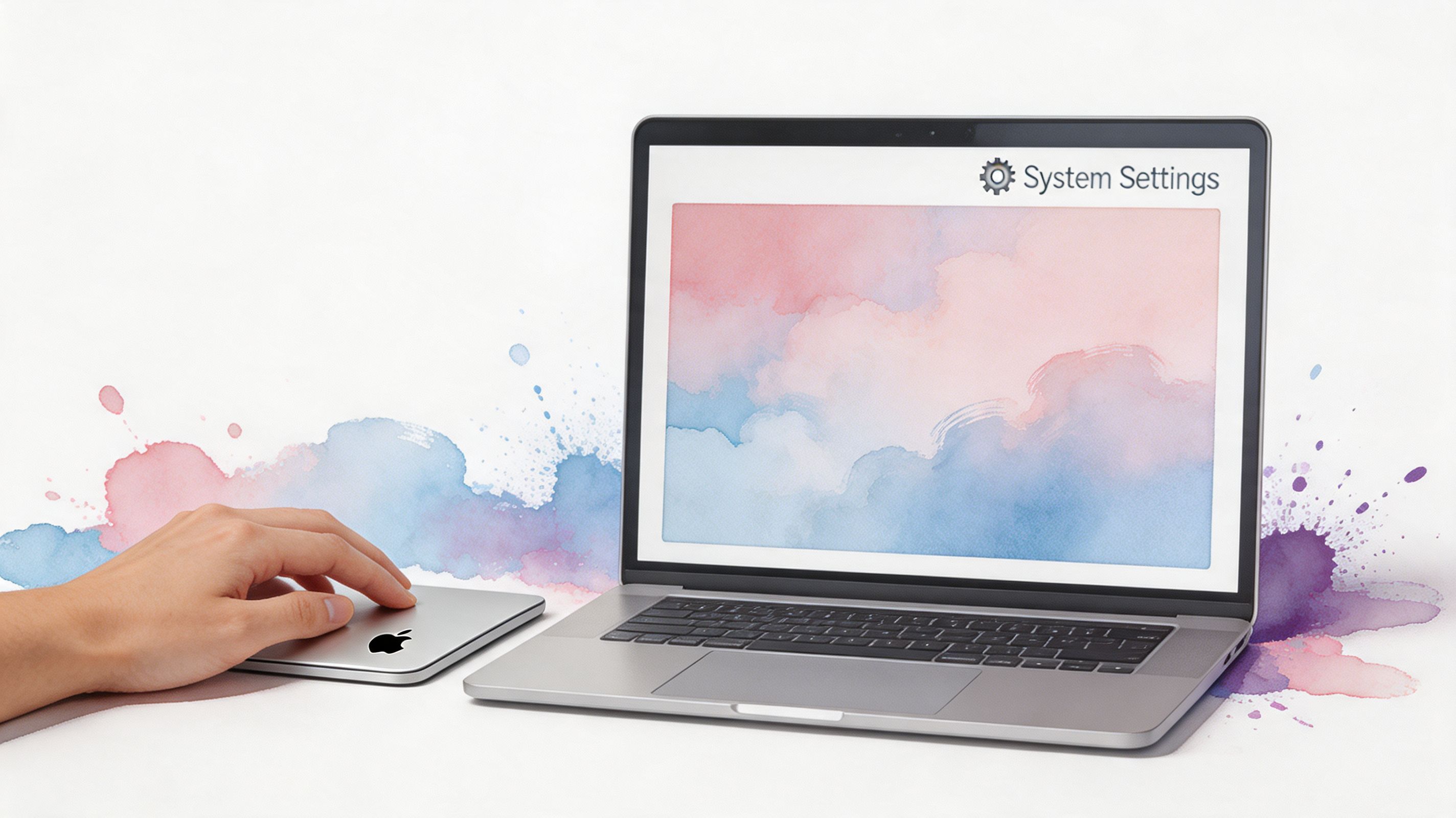 A hand using a trackpad next to an open laptop displaying a colorful abstract watercolor wallpaper.