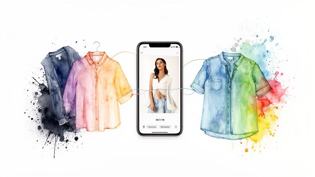 A smartphone displaying a model's outfit is flanked by watercolor illustrations of colorful shirts, depicting virtual fashion.