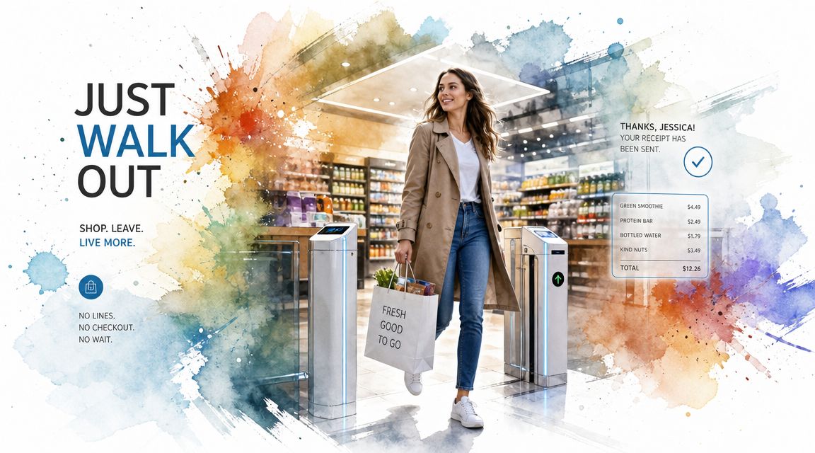 A woman walks out of a store with a shopping bag while a digital receipt displays her purchase details.