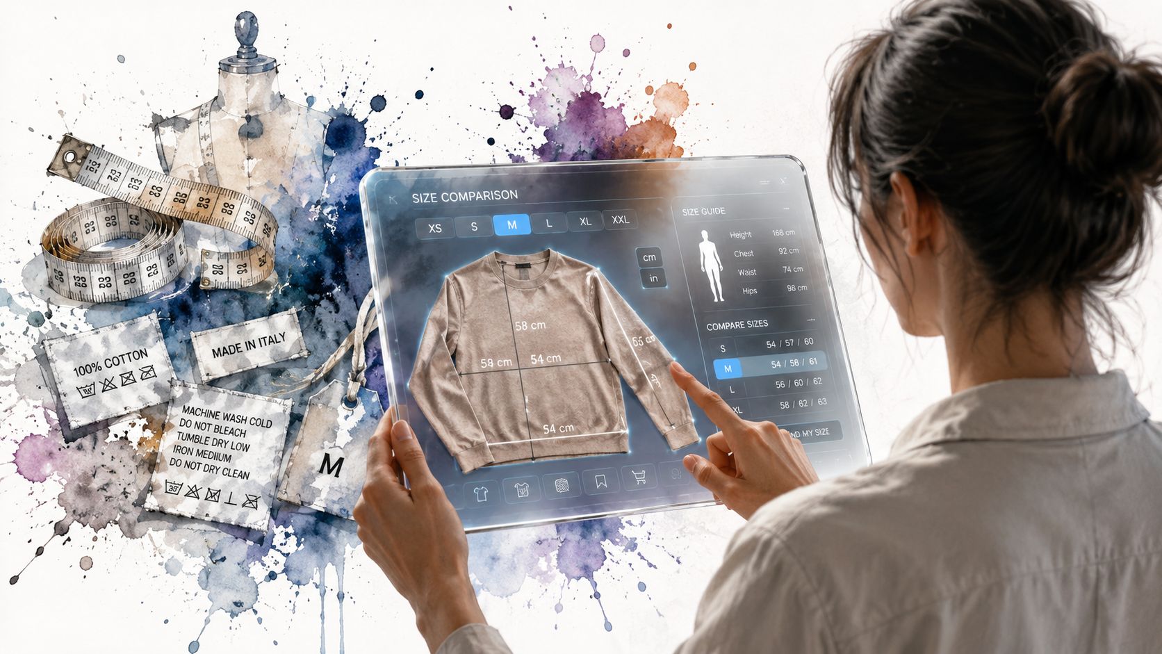 A person using a digital tablet to visualize clothing measurements with a size comparison interface.