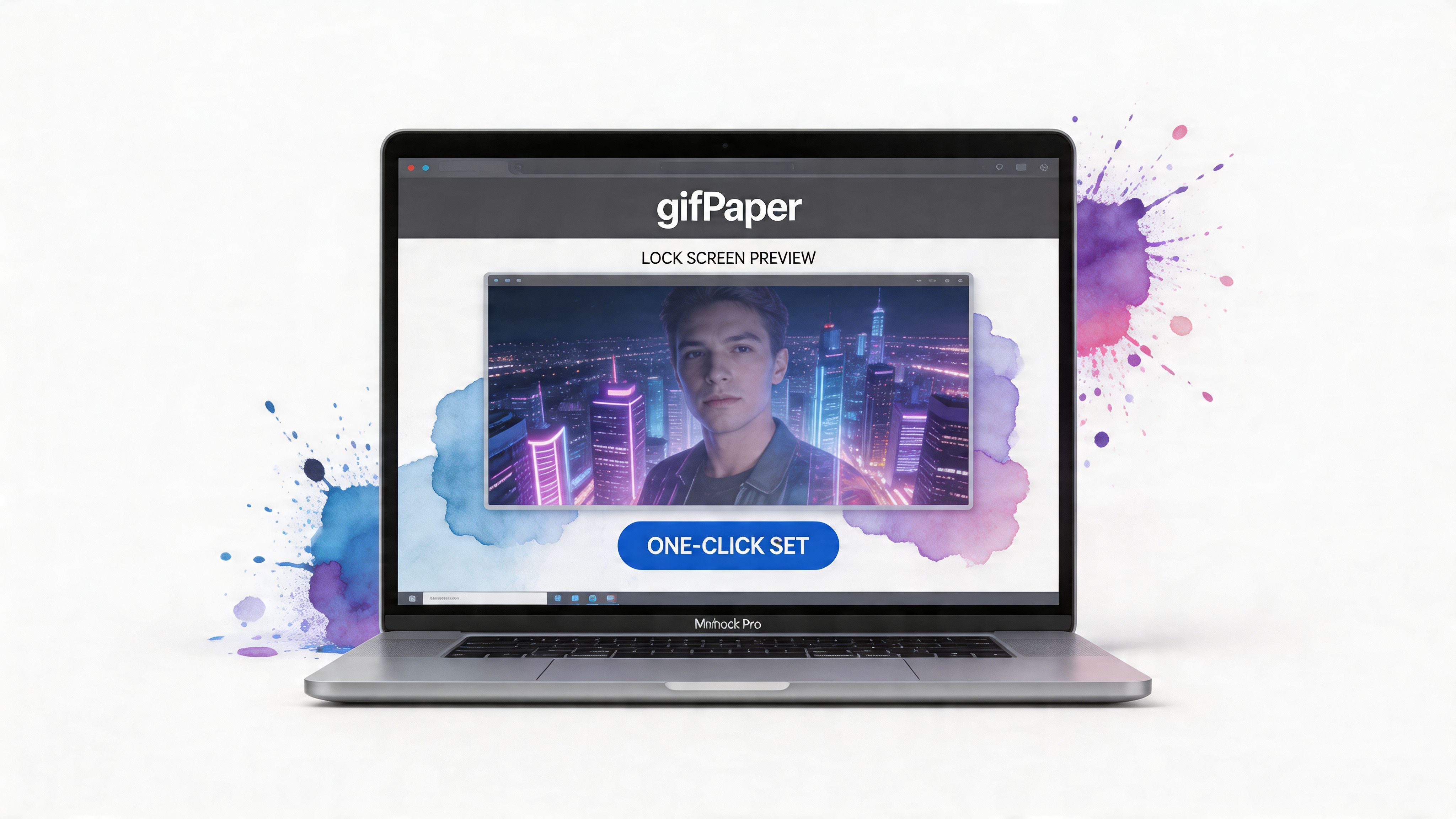 A laptop displaying a gifPaper software interface with a neon city background on the screen.