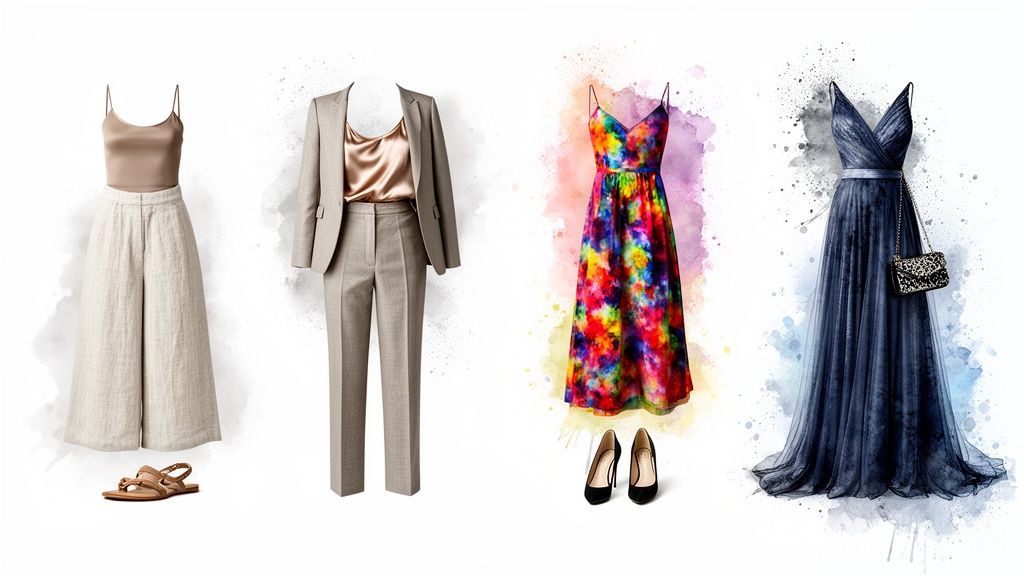 Four diverse dinner party outfits: casual culottes, smart suit, colorful maxi dress, and elegant gown.
