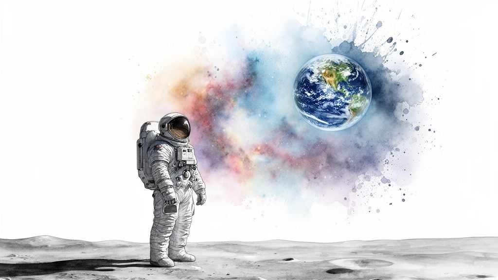 An astronaut on a desolate moon surface gazes at a watercolor Earth and cosmic nebula.