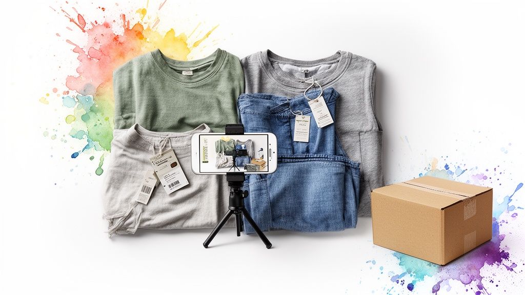 A flat lay of various clothes, a smartphone on a tripod, and a shipping box ready for an online store.