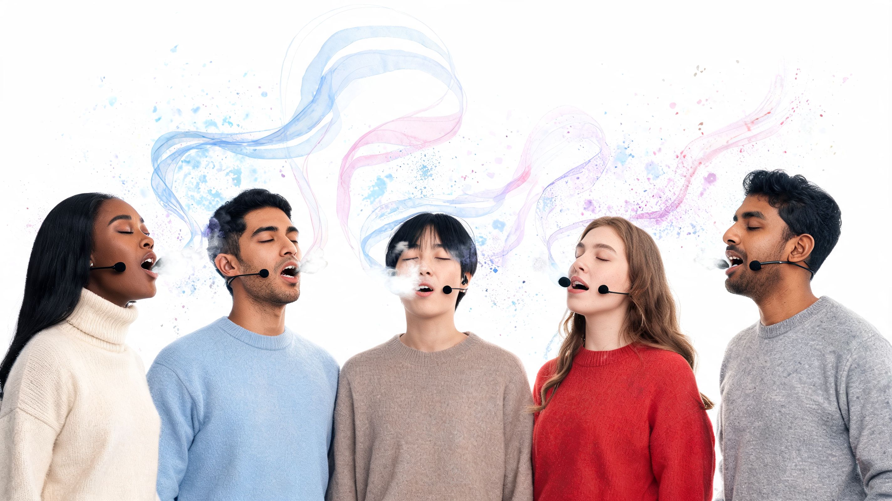 A diverse group of five people wearing headset microphones singing together against a white background with colorful abstract smoke.