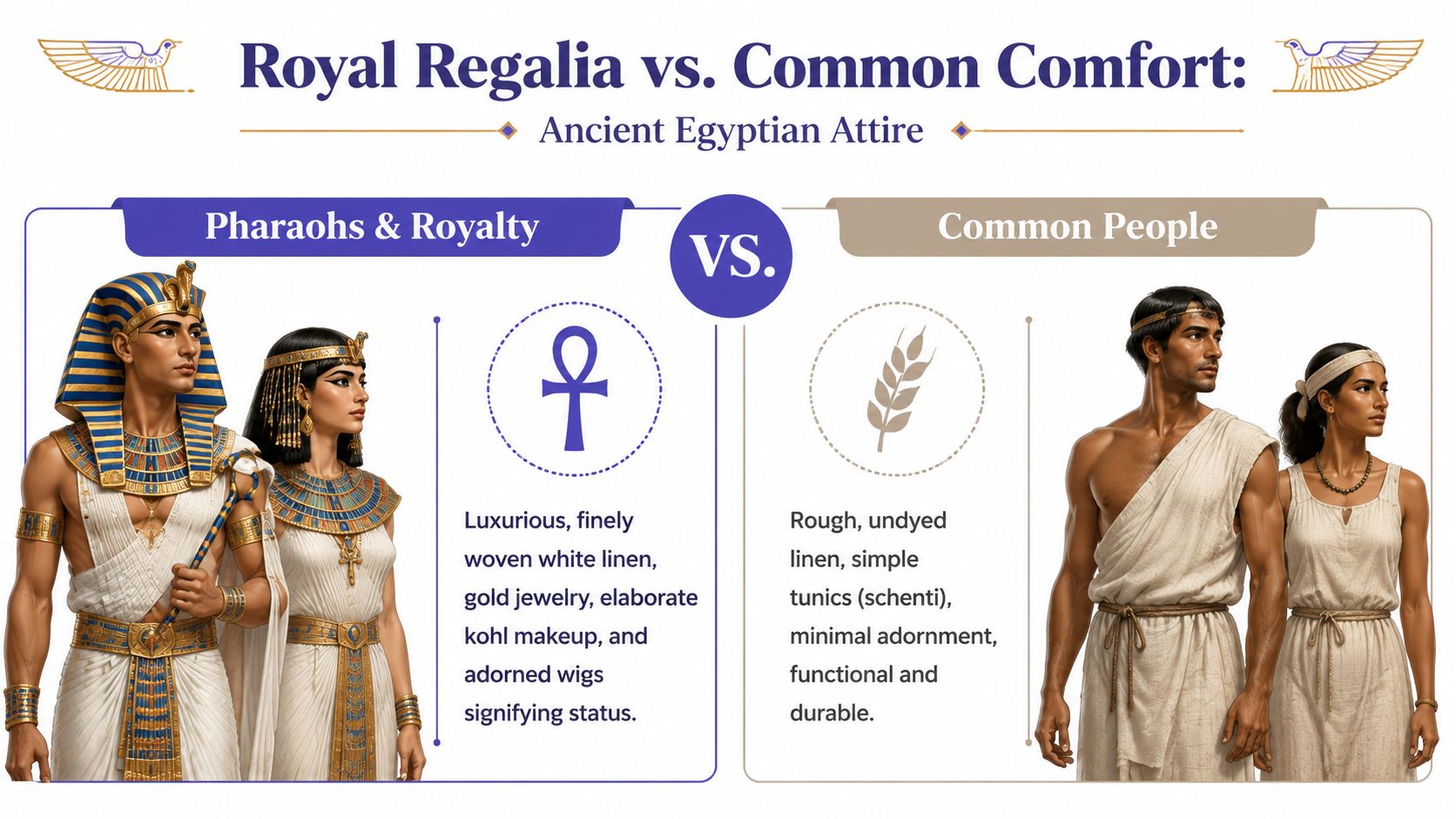 A comparative infographic showing the contrast between opulent Ancient Egyptian royal attire and simple clothing for commoners.
