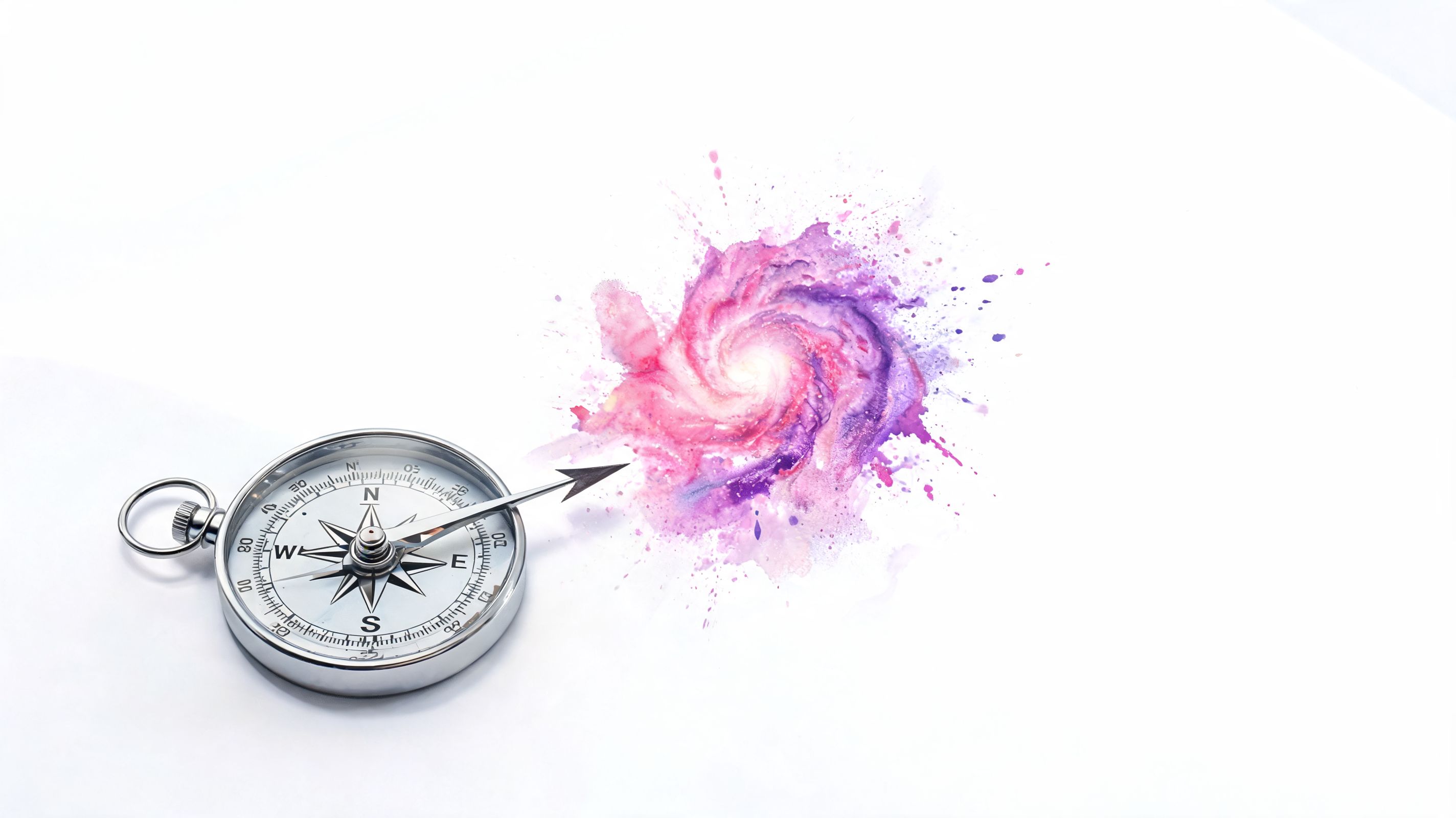 A silver vintage compass with an arrow pointing toward an artistic, swirling purple and pink galaxy nebula.
