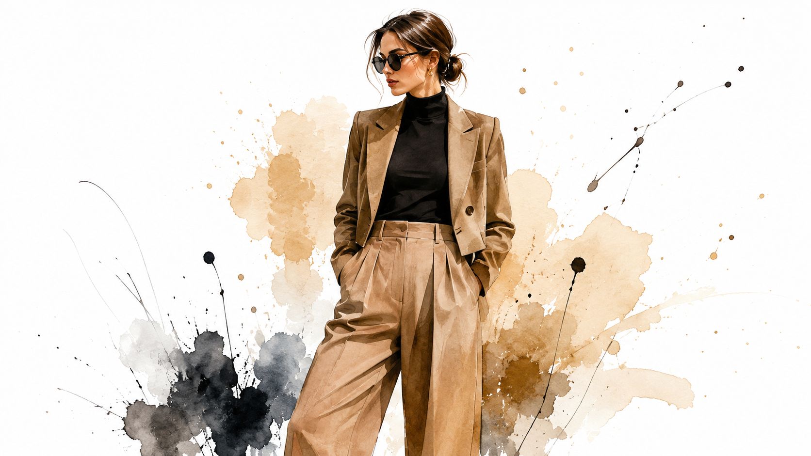 A stylish woman wearing a brown tailored blazer and wide-leg trousers with an artistic watercolor background.