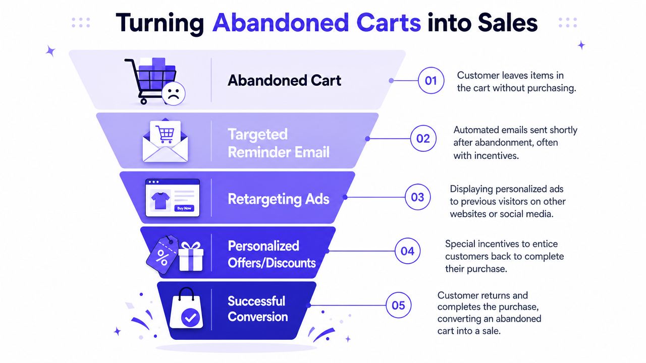 A marketing funnel infographic illustrating five steps to convert abandoned online shopping carts into successful sales.