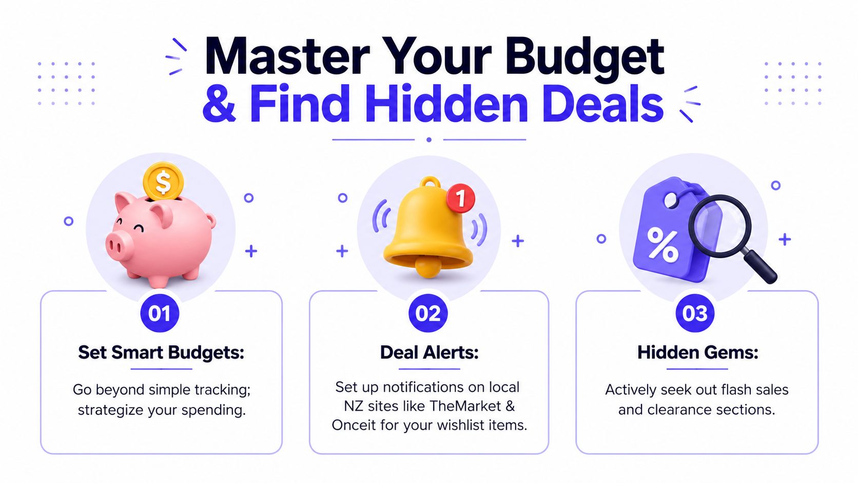 A helpful graphic guide showing three steps to master your budget and find hidden shopping deals.