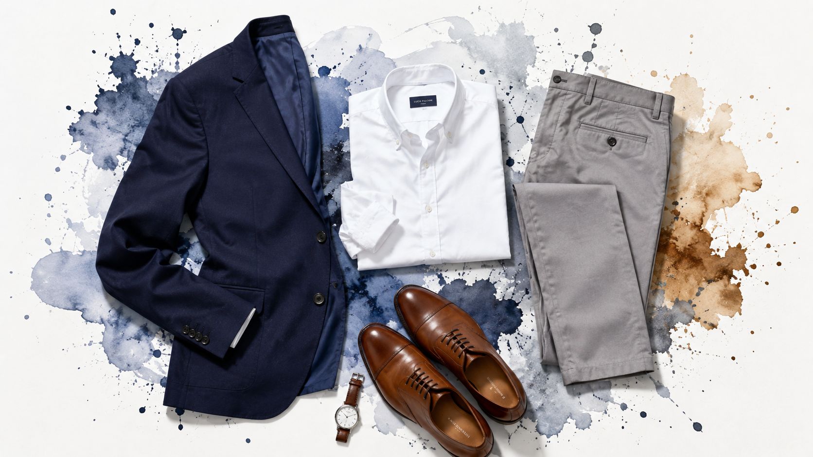 A professional men's fashion outfit laid out flat, featuring a navy blazer, white shirt, grey trousers, and brown leather shoes.