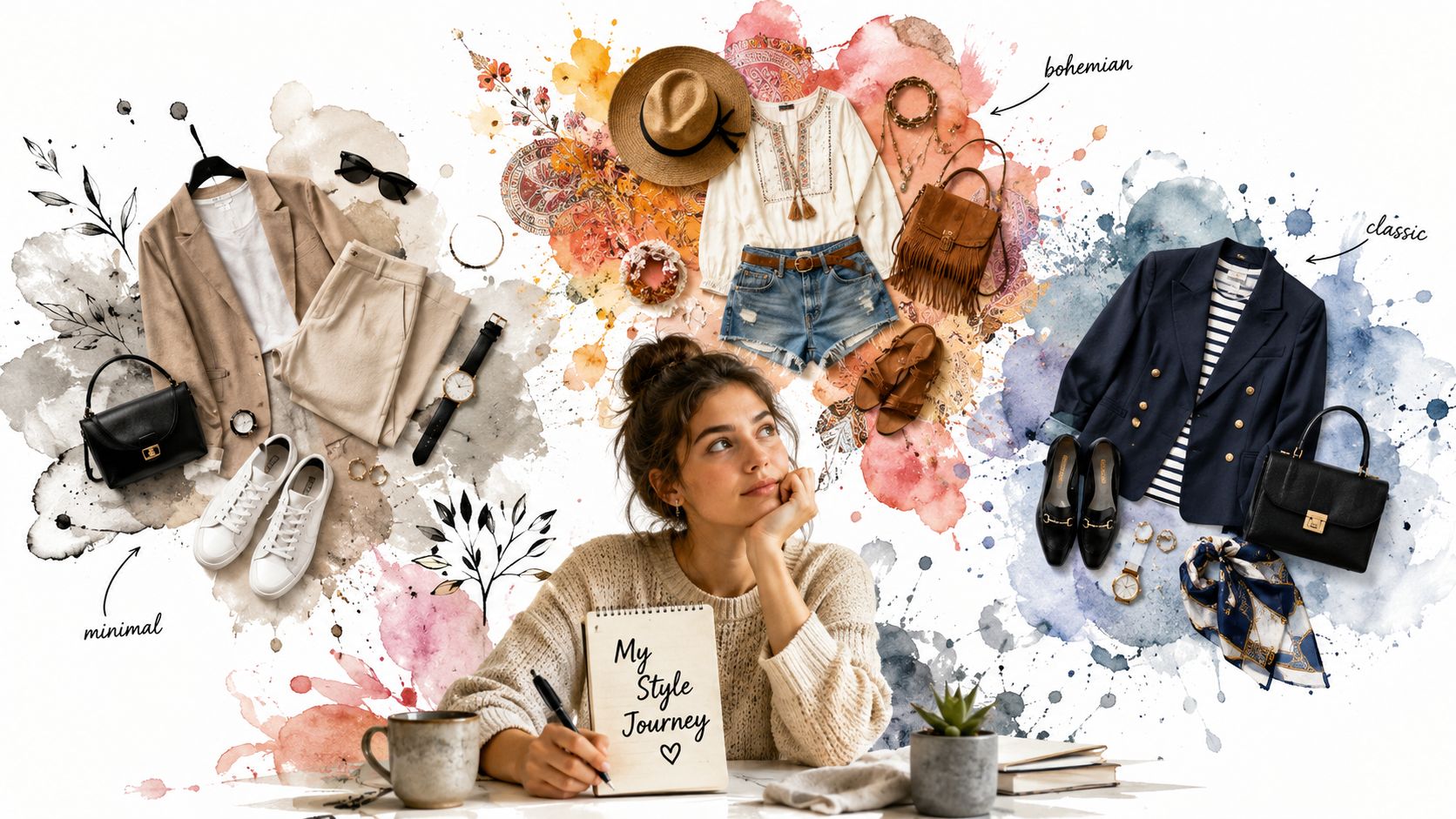 A woman sketching in her journal surrounded by creative watercolor collages of minimal, bohemian, and classic fashion outfits.