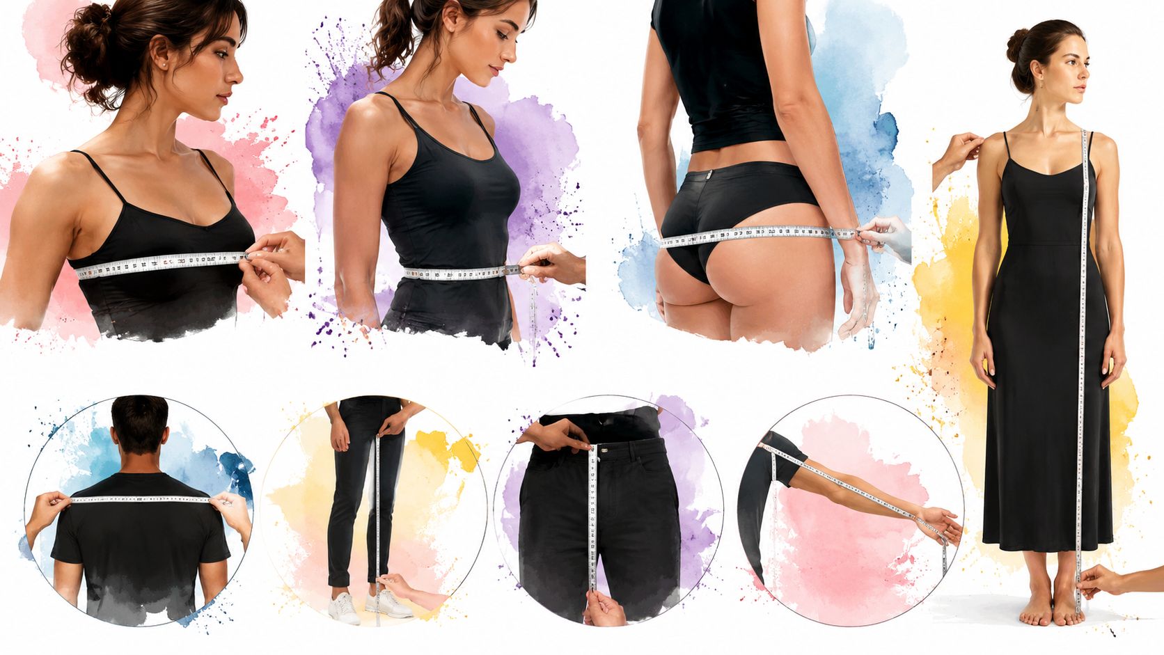 A composite image showing various body measurements being taken for fitting custom clothing and apparel.