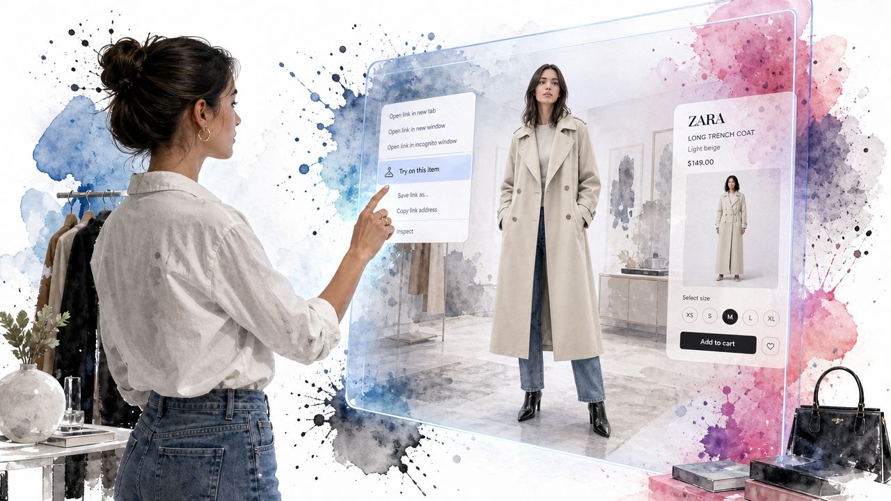 A woman interacting with a futuristic holographic digital display of a ZARA trench coat for virtual try-on.