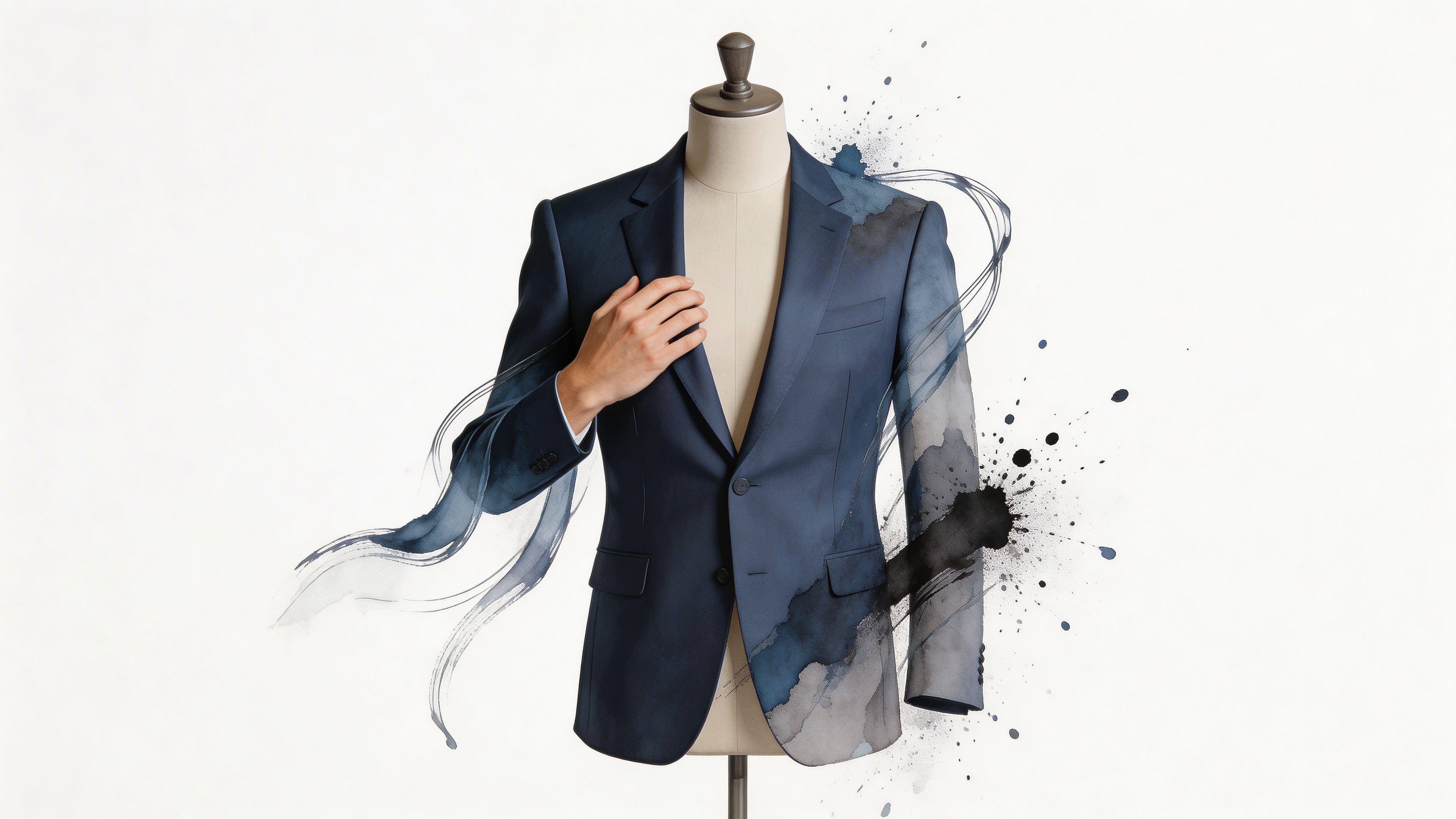 A mannequin wearing a stylish blue blazer with creative watercolor ink splatters on a white background.